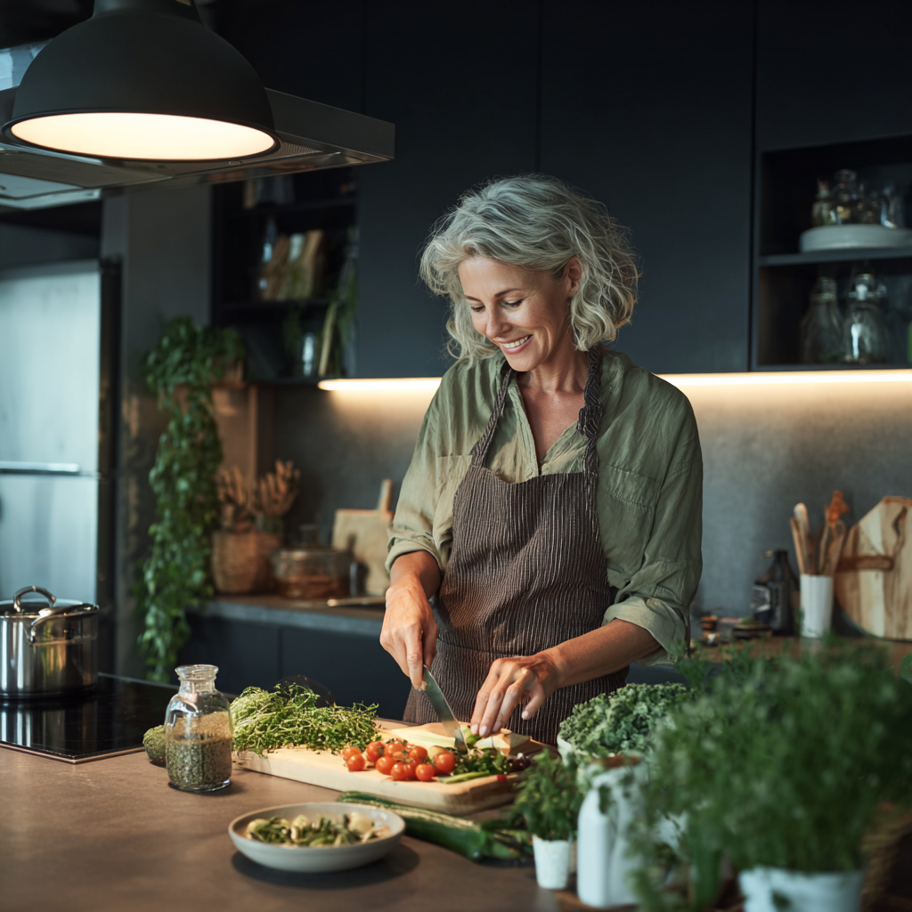50 years old Woman preparing healthy meal in modern kitchen