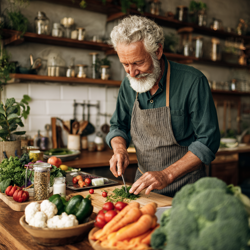 51 years old man cooking healthy dinner with fresh vegetables