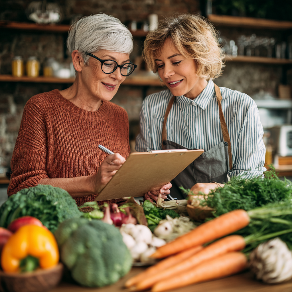 Nutritionist 52 years old woman consulting with client about healthy meal planning
